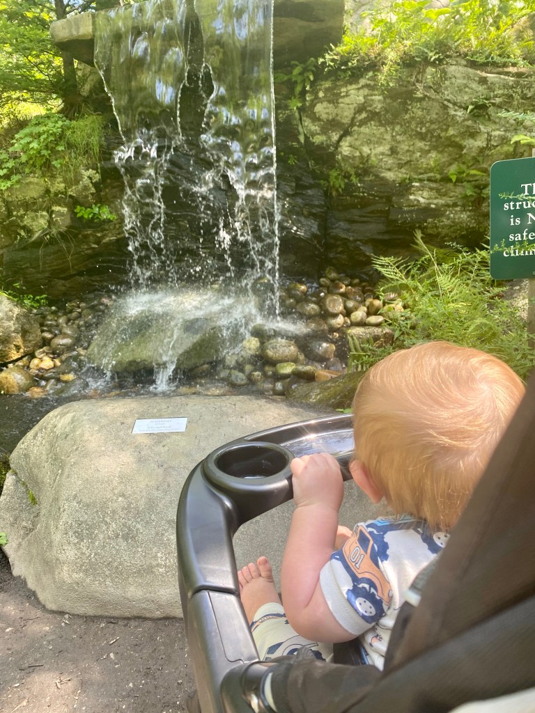 Baby looking at a waterfall